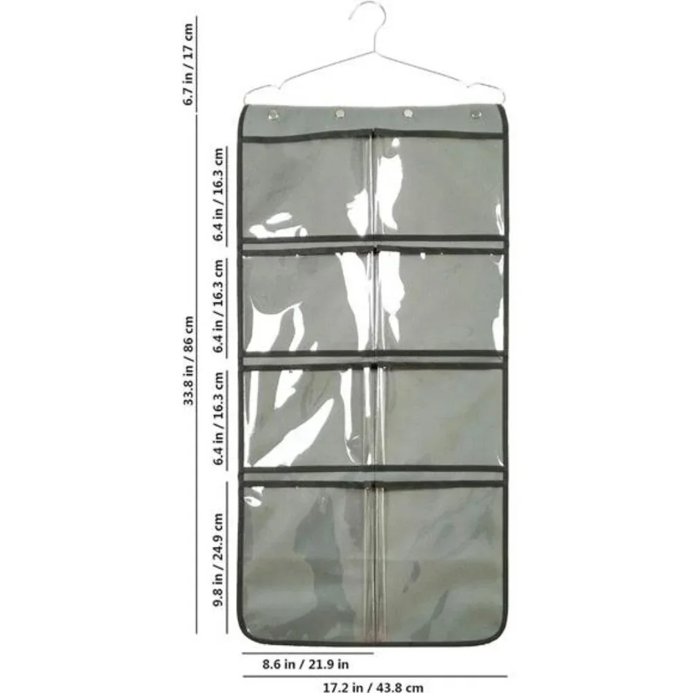 Hanging closet organizer dual sided with clear pockets for underwear socks bras